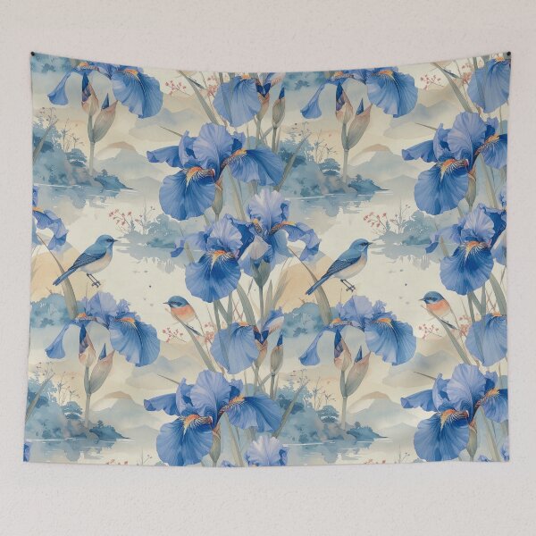 Item preview, Japanese watercolor painting of iris flowers and birds pattern designed and sold by thelivingrp.