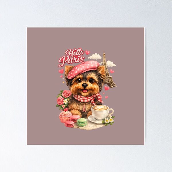 Item preview, Hello Paris – Cute Yorkie Dog with Macarons | French Chic Pet Art designed and sold by Yorkie Magic Studio .