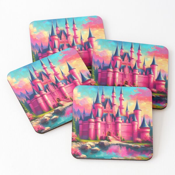 Item preview, Bright Pink Fairytale Castle – Fantasy Palace with Dark Blue Roofs and Lake Reflections designed and sold by EmeraldeaArt.