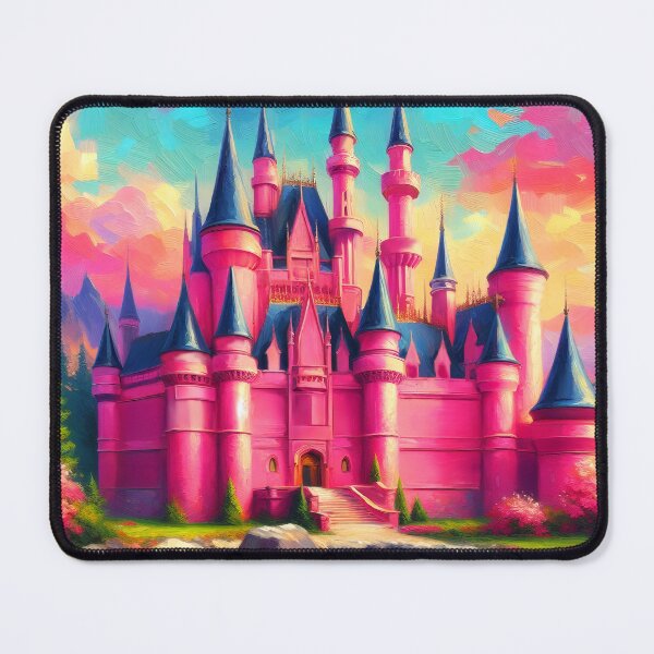 Item preview, Bright Pink Fairytale Castle – Fantasy Palace with Dark Blue Roofs and Lake Reflections designed and sold by EmeraldeaArt.
