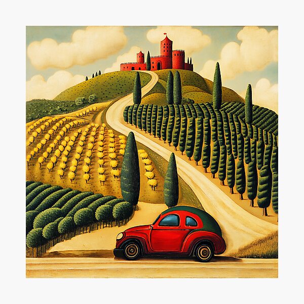 Item preview, Tuscan Hills Road to a Red Castle – Italian Countryside Illustration with Little Red Car designed and sold by EmeraldeaArt.
