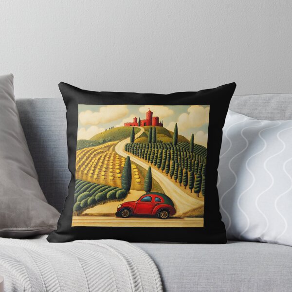Item preview, Tuscan Hills Road to a Red Castle – Italian Countryside Illustration with Little Red Car designed and sold by EmeraldeaArt.