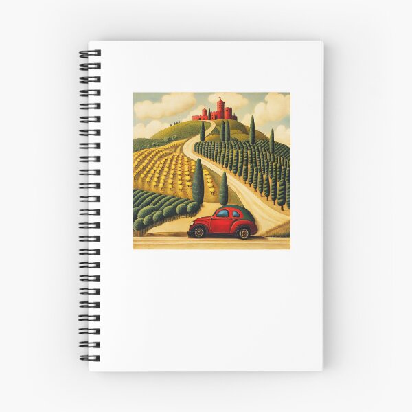 Item preview, Tuscan Hills Road to a Red Castle – Italian Countryside Illustration with Little Red Car designed and sold by EmeraldeaArt.