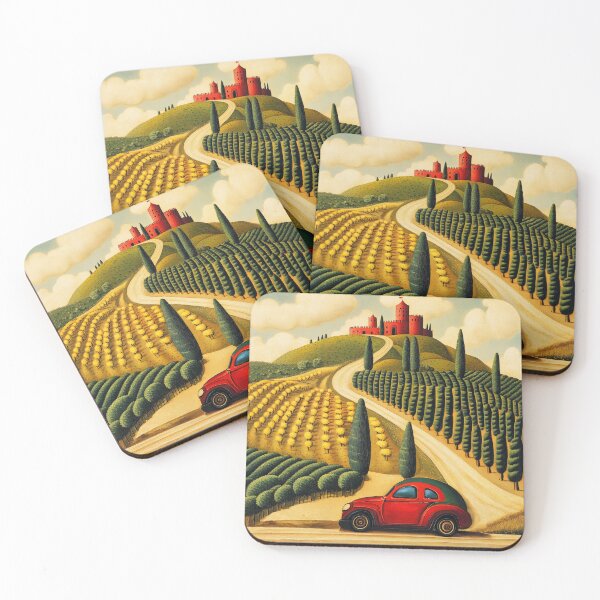 Item preview, Tuscan Hills Road to a Red Castle – Italian Countryside Illustration with Little Red Car designed and sold by EmeraldeaArt.