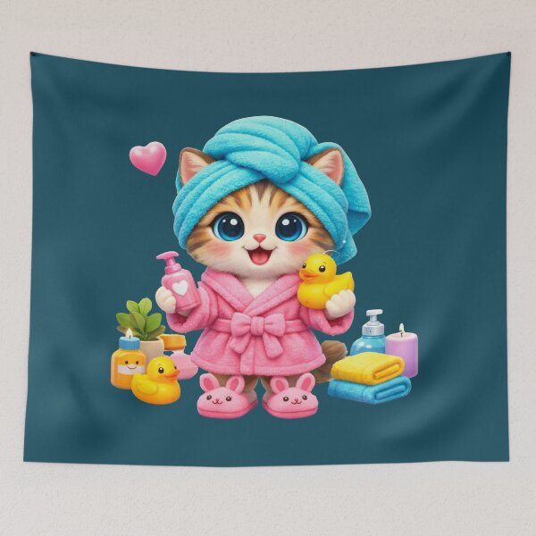 Item preview, Cute Spa Kitten Cartoon – Kawaii Cat Self Care Illustration with Bath Duck and Pink Robe designed and sold by MariMarArt.