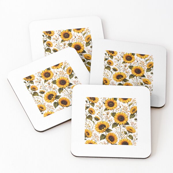 Item preview, Golden Sunflower Field Pattern on Black Background | Bright Vintage Botanical Floral Art designed and sold by Joyfulfabric.