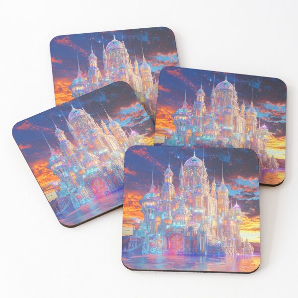 Item preview, Fantasy White Crystal Palace – Glass Castle with Water Reflections at Sunset designed and sold by EmeraldeaArt.