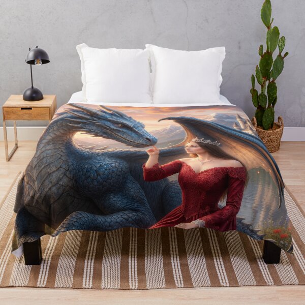 Item preview, Blue Dragon and Princess Fantasy Art | Enchanted Castle Dragon Wall Art designed and sold by DrakariArt.