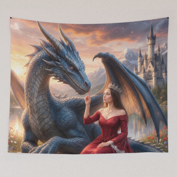 Item preview, Blue Dragon and Princess Fantasy Art | Enchanted Castle Dragon Wall Art designed and sold by DrakariArt.