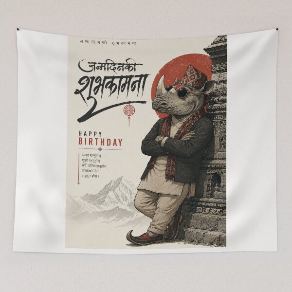 Item preview, Nepali Rhino Birthday Greeting with Traditional Dhaka Topi designed and sold by Places On Earth.