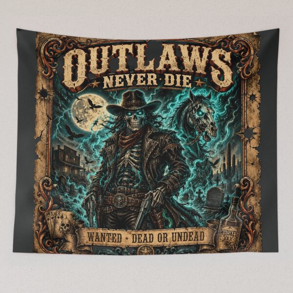 Item preview, Outlaws Never Die – Haunted Western Cowboy Skeleton Vintage Gothic Poster T-Shirt designed and sold by GardenReign.