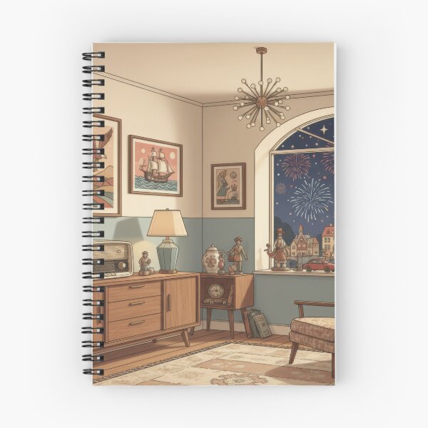 Item preview, Vintage Living Room with Fireworks Outside - Retro Vibes designed and sold by BrickByDream.
