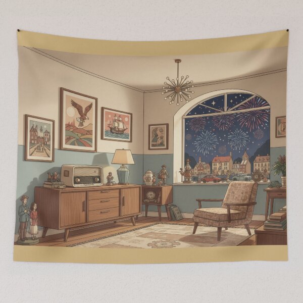 Item preview, Vintage Living Room with Fireworks Outside - Retro Vibes designed and sold by BrickByDream.