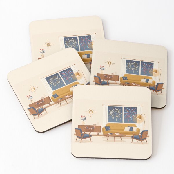 Item preview, Cozy Mid-Century Living Room with July 4th Outside Firework designed and sold by BrickByDream.