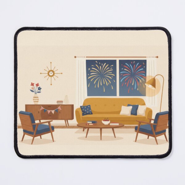 Item preview, Cozy Mid-Century Living Room with July 4th Outside Firework designed and sold by BrickByDream.