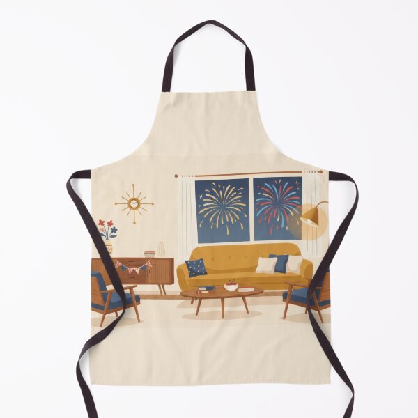 Item preview, Cozy Mid-Century Living Room with July 4th Outside Firework designed and sold by BrickByDream.