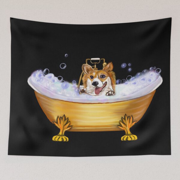 Item preview, “Dog spa day” Corgi Spa Day in Golden Vintage Bathtub Art designed and sold by Artonmytee.
