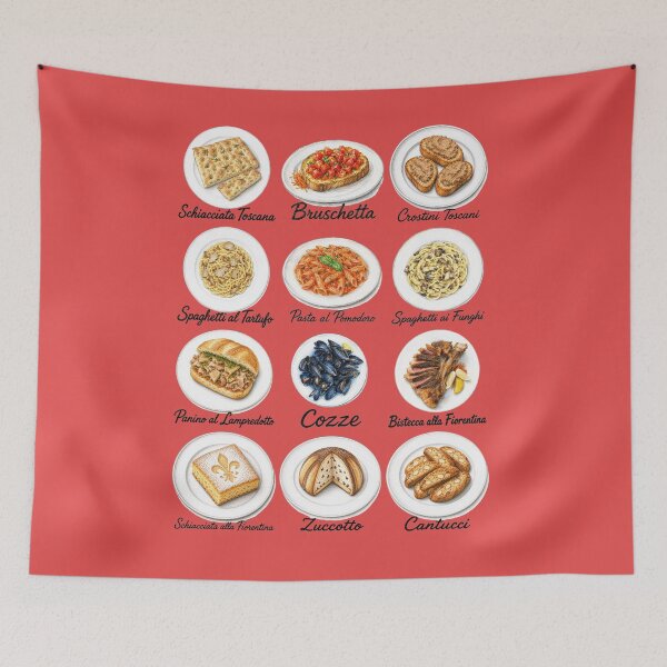 Item preview, Illustrated Tuscan Cuisine – Traditional Italian Dishes – Vintage Food Art Poster (color background) designed and sold by JOANNASKAH.
