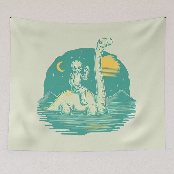 Item preview, Retro Alien Riding Loch Ness Monster designed and sold by Cosmic Cactus.