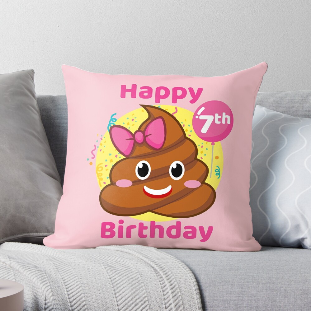 7th Birthday Girl - Pink Bow Poop Emoji Throw Pillow for Sale by