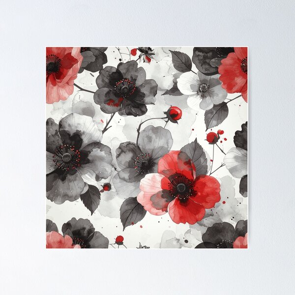 Item preview, Patrón de pintura japonesa en acuarela de flores rojas y bayas. designed and sold by thelivingrp.