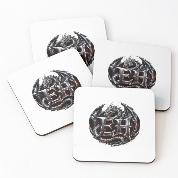 Item preview, Chrome Dragon EH Monogram on Black Background | Fierce Metallic Fantasy Gaming Logo designed and sold by Joyfulfabric.