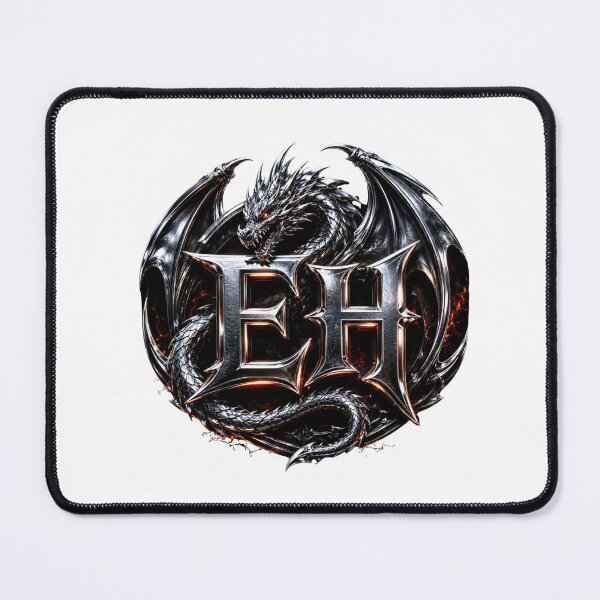 Item preview, Chrome Dragon EH Monogram on Black Background | Fierce Metallic Fantasy Gaming Logo designed and sold by Joyfulfabric.