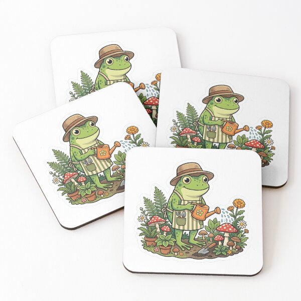 Item preview, Cute Frog Gardener – Watering Mushrooms & Plants Cottagecore Cartoon Art designed and sold by ArtsyExplorer.