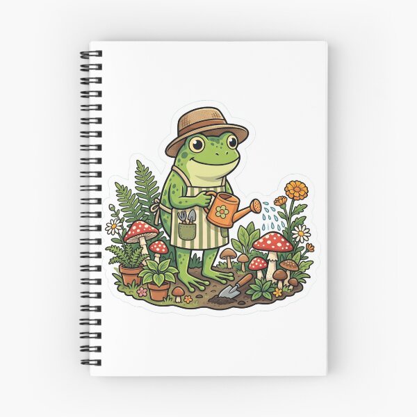 Item preview, Cute Frog Gardener – Watering Mushrooms & Plants Cottagecore Cartoon Art designed and sold by ArtsyExplorer.
