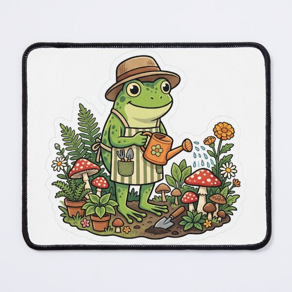 Item preview, Cute Frog Gardener – Watering Mushrooms & Plants Cottagecore Cartoon Art designed and sold by ArtsyExplorer.