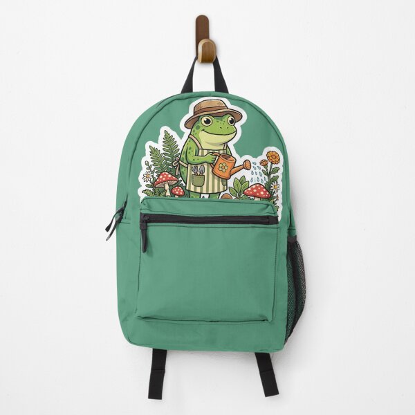 Item preview, Cute Frog Gardener – Watering Mushrooms & Plants Cottagecore Cartoon Art designed and sold by ArtsyExplorer.