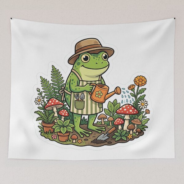 Item preview, Cute Frog Gardener – Watering Mushrooms & Plants Cottagecore Cartoon Art designed and sold by ArtsyExplorer.