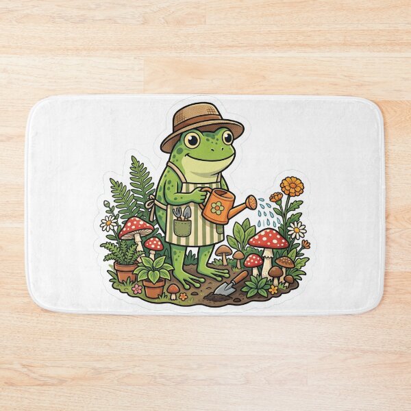 Item preview, Cute Frog Gardener – Watering Mushrooms & Plants Cottagecore Cartoon Art designed and sold by ArtsyExplorer.