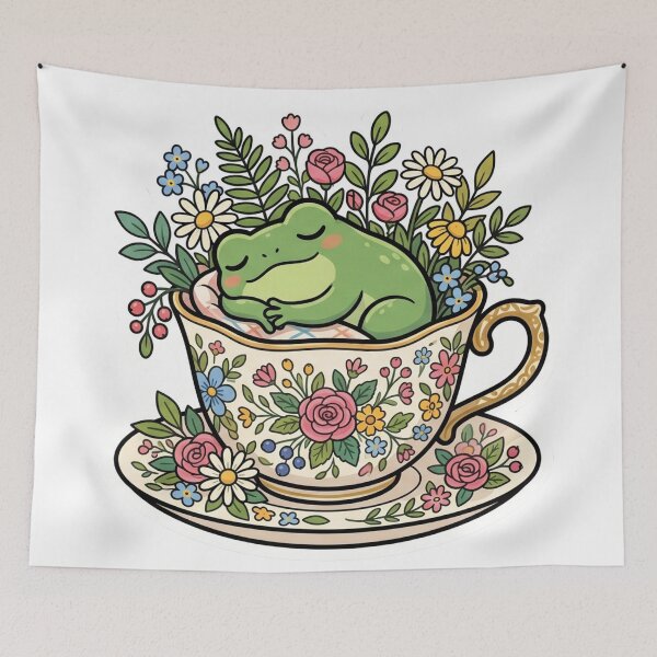 Item preview, Sleeping Frog in Teacup – Cozy Floral Kawaii Frog Cartoon Aesthetic designed and sold by ArtsyExplorer.