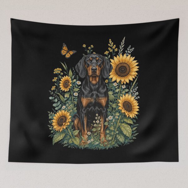 Item preview, Black and Tan Coonhound With Sunflower Cottagecore Art Dog Owner designed and sold by TerryConnells.