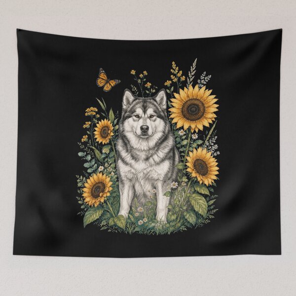Item preview, Alaskan Malamute With Sunflower Cottagecore Art Dog Owner designed and sold by TerryConnells.