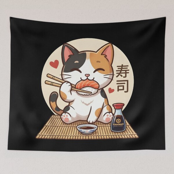 Item preview, cute kawaii cat eating sushi in japanese style designed and sold by wingoo22.