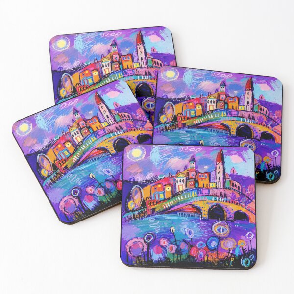 Item preview, Colorful Dreamlike Riverside Town With Bright Abstract Night Mood designed and sold by eliramaison.