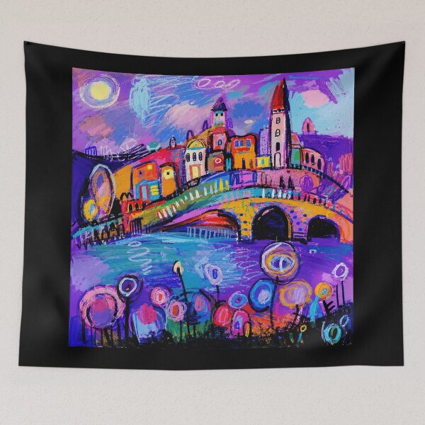 Item preview, Colorful Dreamlike Riverside Town With Bright Abstract Night Mood designed and sold by eliramaison.