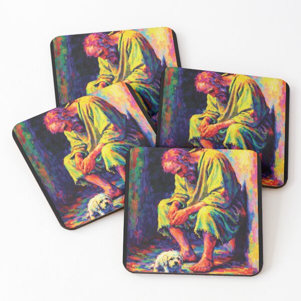 Item preview, Homeless Man with Stray Dog — Rainbow Impasto Oil Painting on Street Life & Hidden Joy designed and sold by RamyGallery.