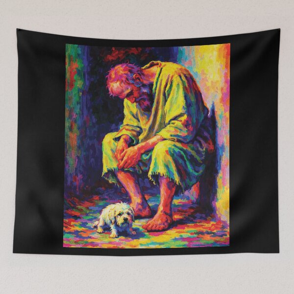 Item preview, Homeless Man with Stray Dog — Rainbow Impasto Oil Painting on Street Life & Hidden Joy designed and sold by RamyGallery.