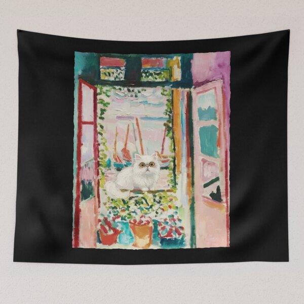 Item preview, White Persian Cat by Open Window in Colorful Painterly Room designed and sold by JordynLadukeg65.