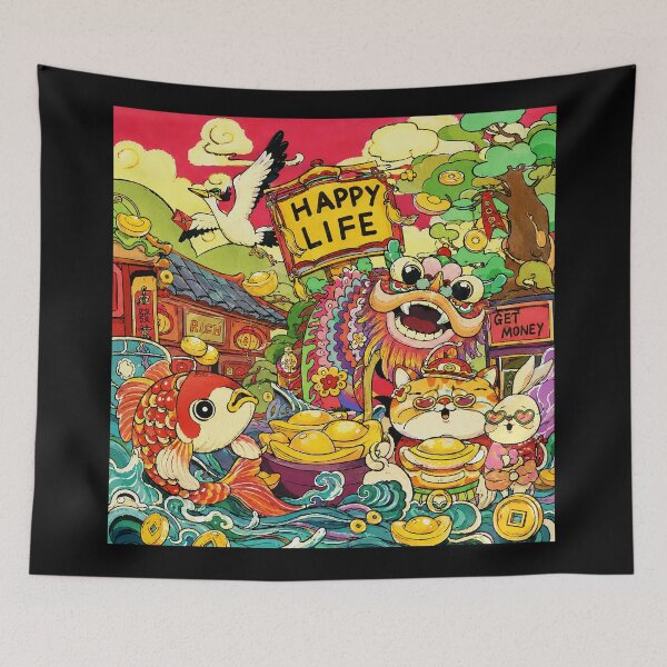 Item preview, Lucky Lion Dance Market Scene With Koi Fish and Gold Coins designed and sold by eliramaison.