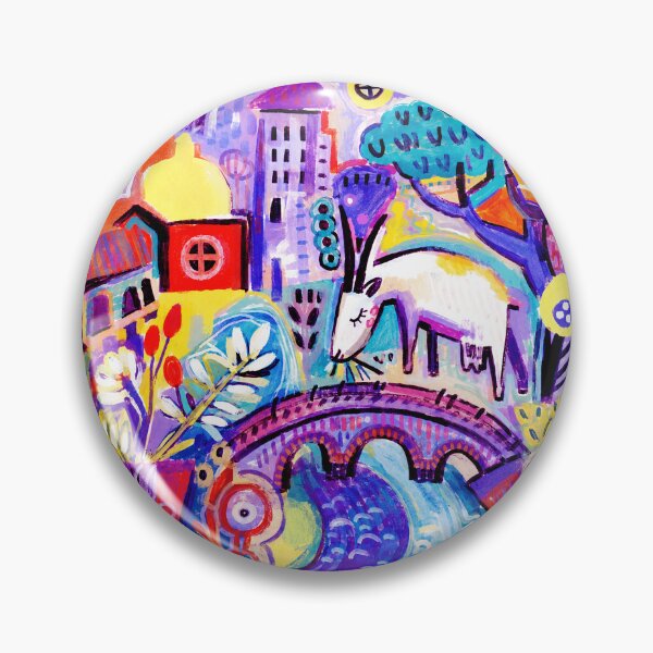 Item preview, Colorful Folk Art Deer Crossing Bridge in Dreamy Abstract Town designed and sold by eliramaison.