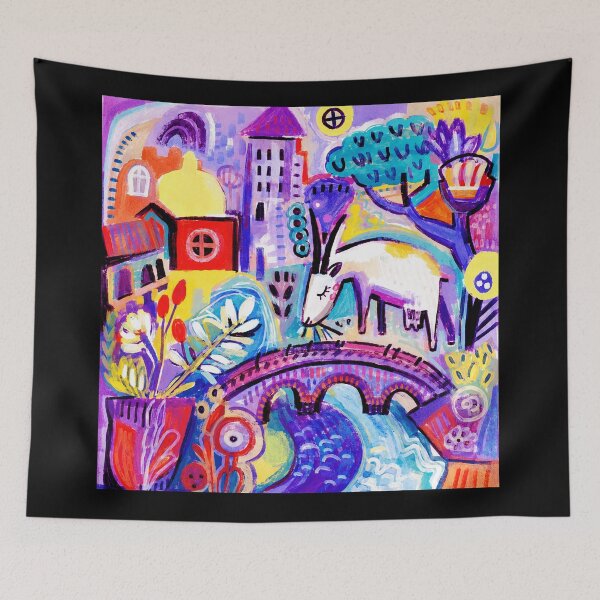 Item preview, Colorful Folk Art Deer Crossing Bridge in Dreamy Abstract Town designed and sold by eliramaison.