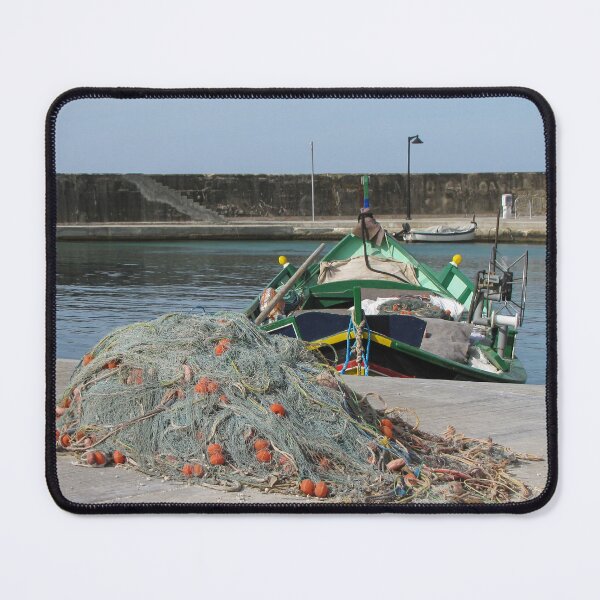 Item preview, Fishing Boat and Tangled Nets on a Sunny Harbor Dock With Colorful Buoys and Gear designed and sold by Nmallia.