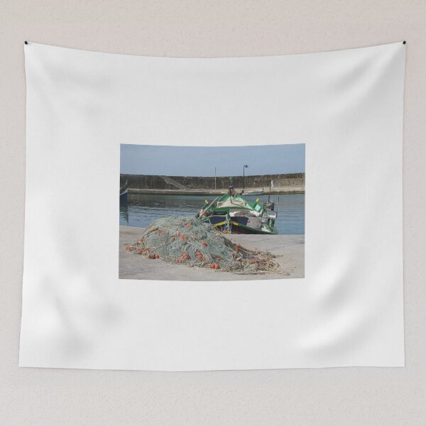 Item preview, Fishing Boat and Tangled Nets on a Sunny Harbor Dock With Colorful Buoys and Gear designed and sold by Nmallia.