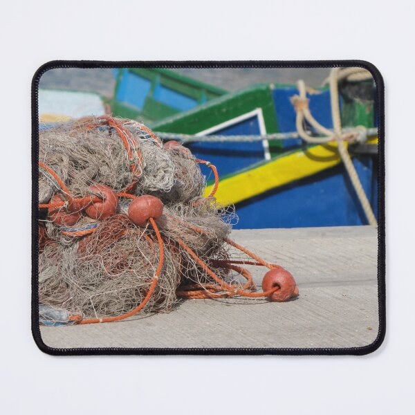 Item preview, Fishing Net With Red Floats On Harbor Dock In Front Of Colorful Fishing Boats designed and sold by Nmallia.