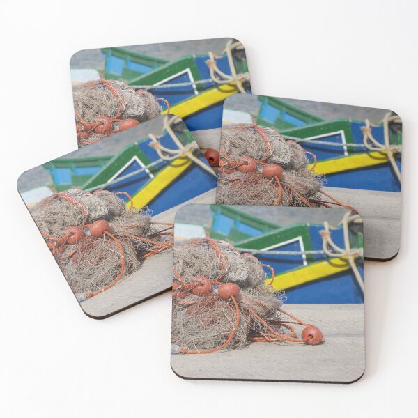 Item preview, Fishing Net With Red Floats On Harbor Dock In Front Of Colorful Fishing Boats designed and sold by Nmallia.