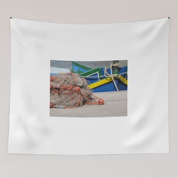 Item preview, Fishing Net With Red Floats On Harbor Dock In Front Of Colorful Fishing Boats designed and sold by Nmallia.